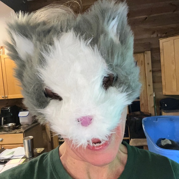 CAT FACE MASK GRAY WHITE FUR Adult or KID Halloween PINK nose open eyes costume - Picture 9 of 11